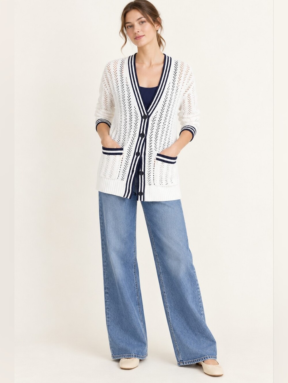 Lou & Grey White Open-Knit Cardigan with Navy Trim